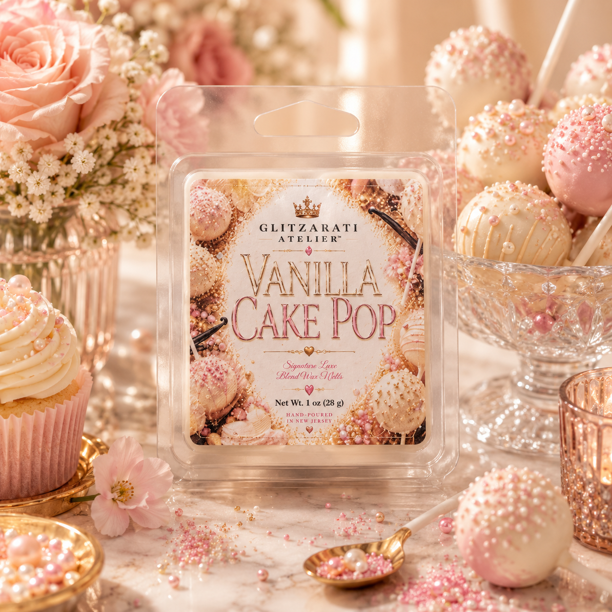Vanilla cake pop packaging with decorative pink and white flowers and treats in the background