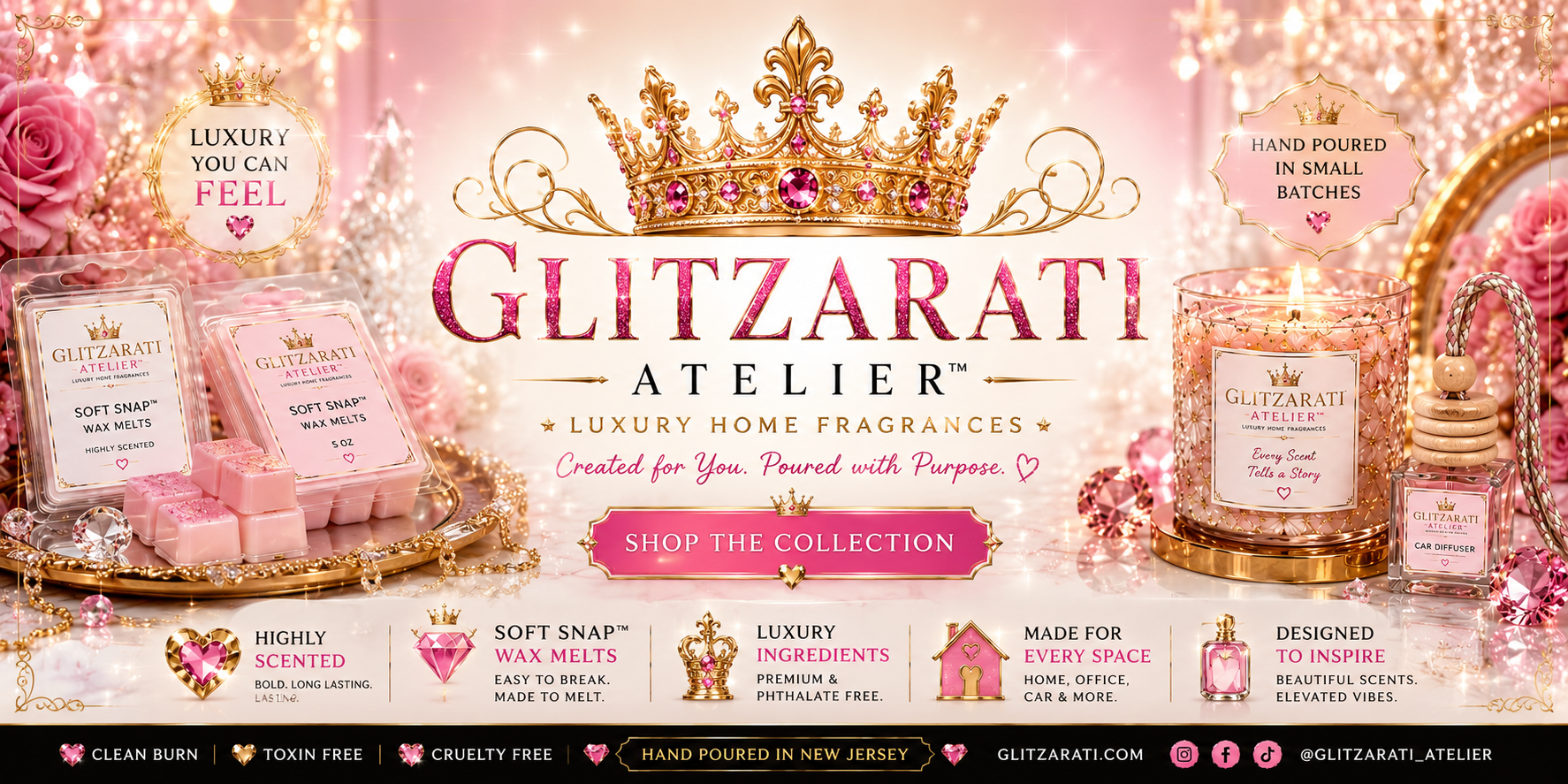 Advertisement for Glitzarati Atelier luxury home fragrances with pink and gold design elements.