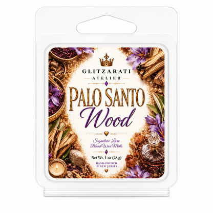 Packaged Palo Santo Wood wax melt with decorative design on a white background