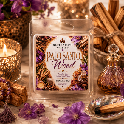 Packaged Palo Santo wood wax melt with decorative items on a table