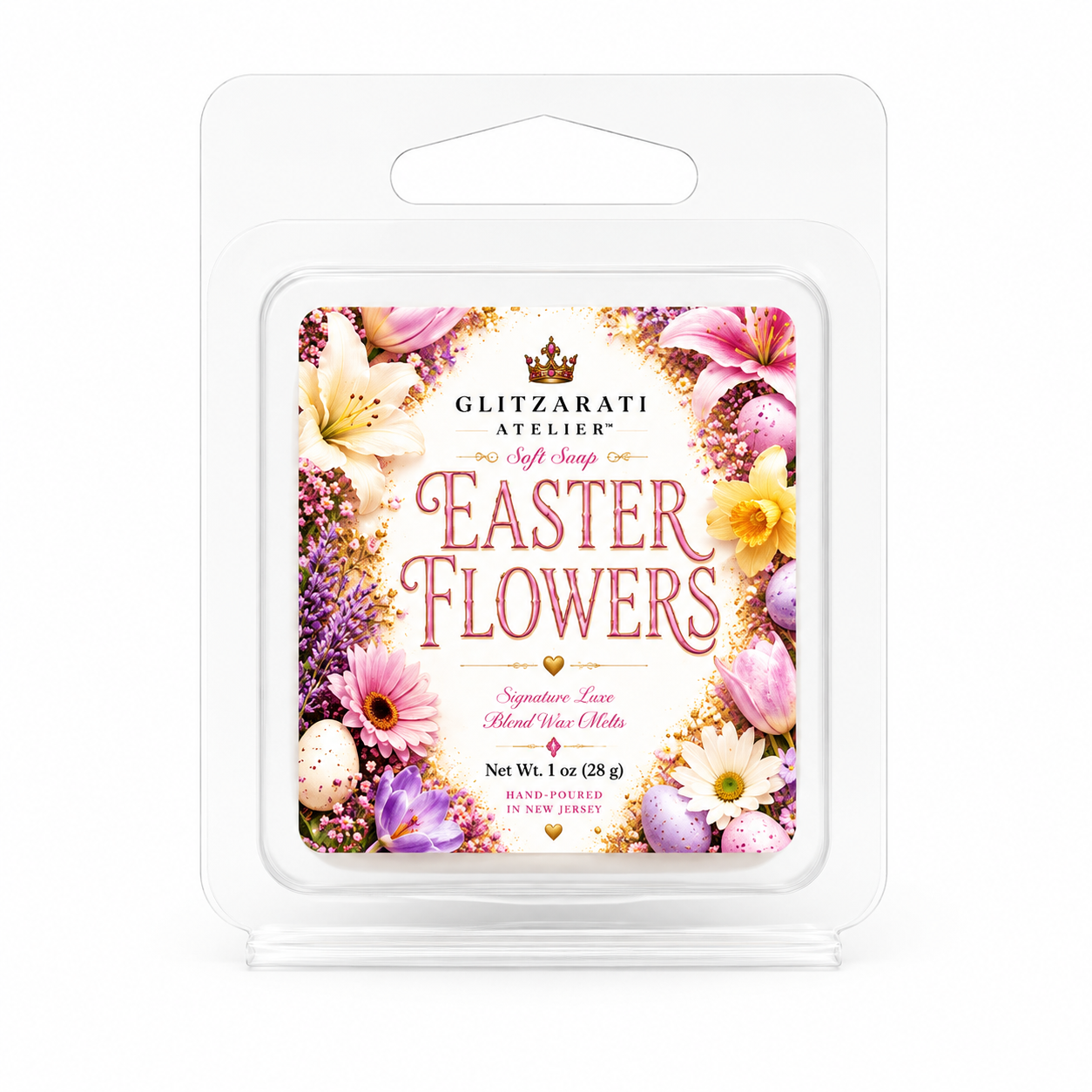 Wax melt packaging with 'Easter Flowers' design and Glitzerati Atelier branding.