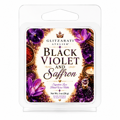 Glitzarati Atelier Black Violet and Saffron wax melt package on a white background