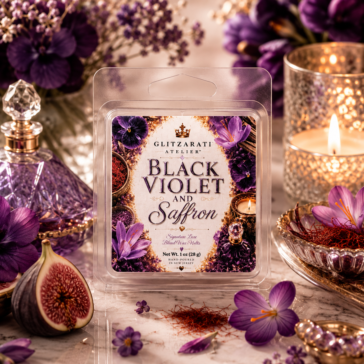 Packaged wax melt with 'Black Violet and Saffron' fragrance surrounded by decorative items like a candle, fig, and flowers.