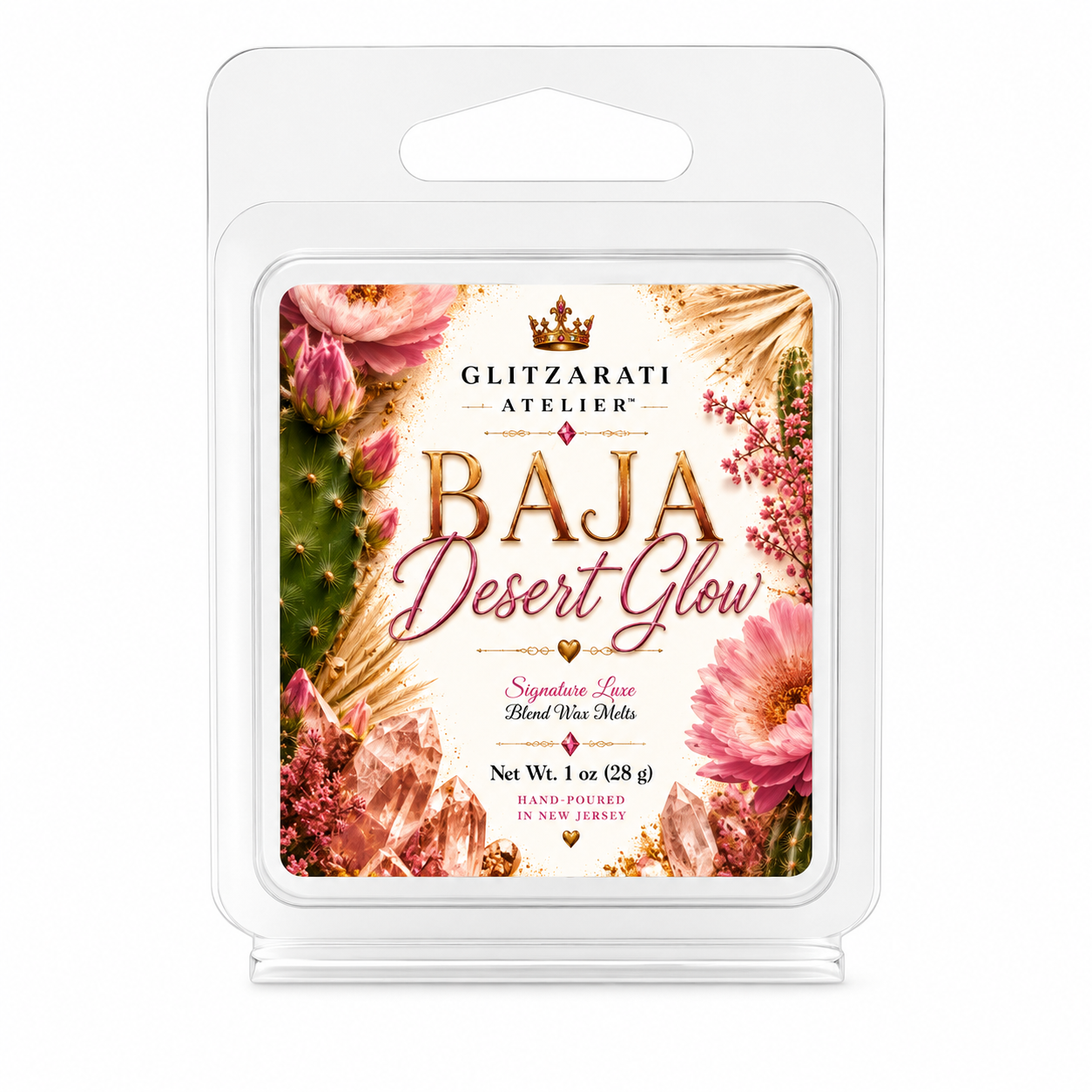 Wax melt packaging with 'Baja Desert Glow' branding and floral design on a white background