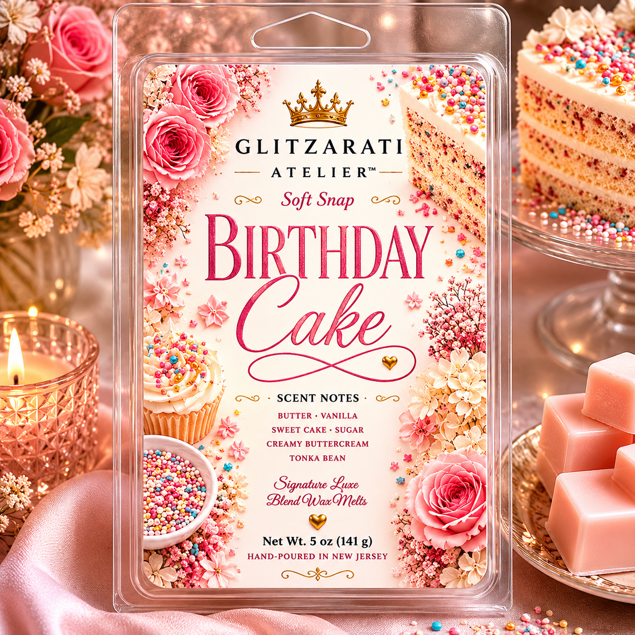 Birthday Cake | Signature Luxe Blend Wax Melt | Vanilla Cake, Sweet Frosting & Bakery Sugar | 5 oz Clamshell | Glitzarati Atelier™