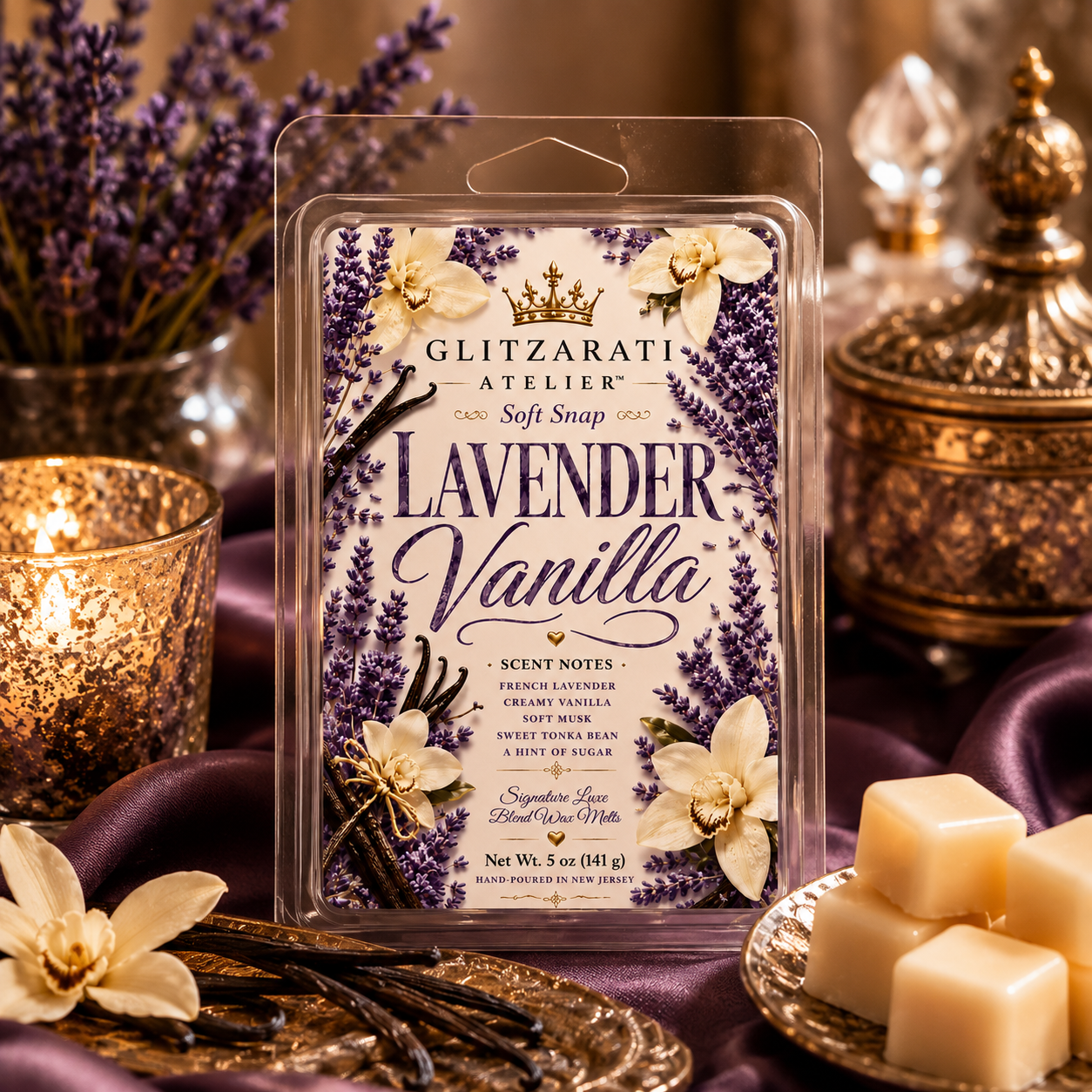 Lavender Vanilla | Signature Luxe Blend Wax Melt | Calming Lavender, Creamy Vanilla & Soft Florals | 5 oz Clamshell | Glitzarati Atelier™