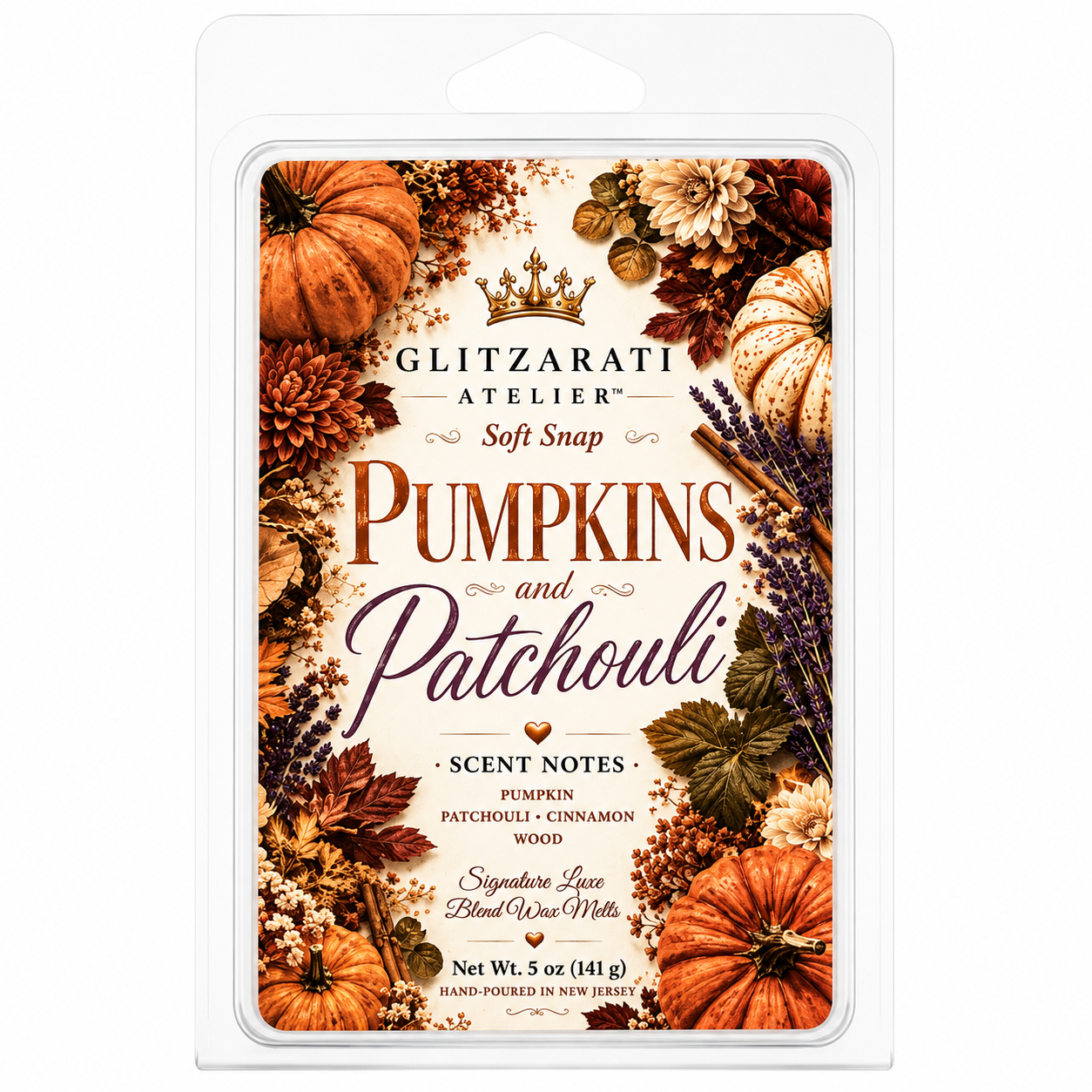Pumpkins & Patchouli | Signature Luxe Blend Wax Melt | Pumpkin, Cinnamon & Patchouli Woods | 5 oz Clamshell | Glitzarati Atelier™