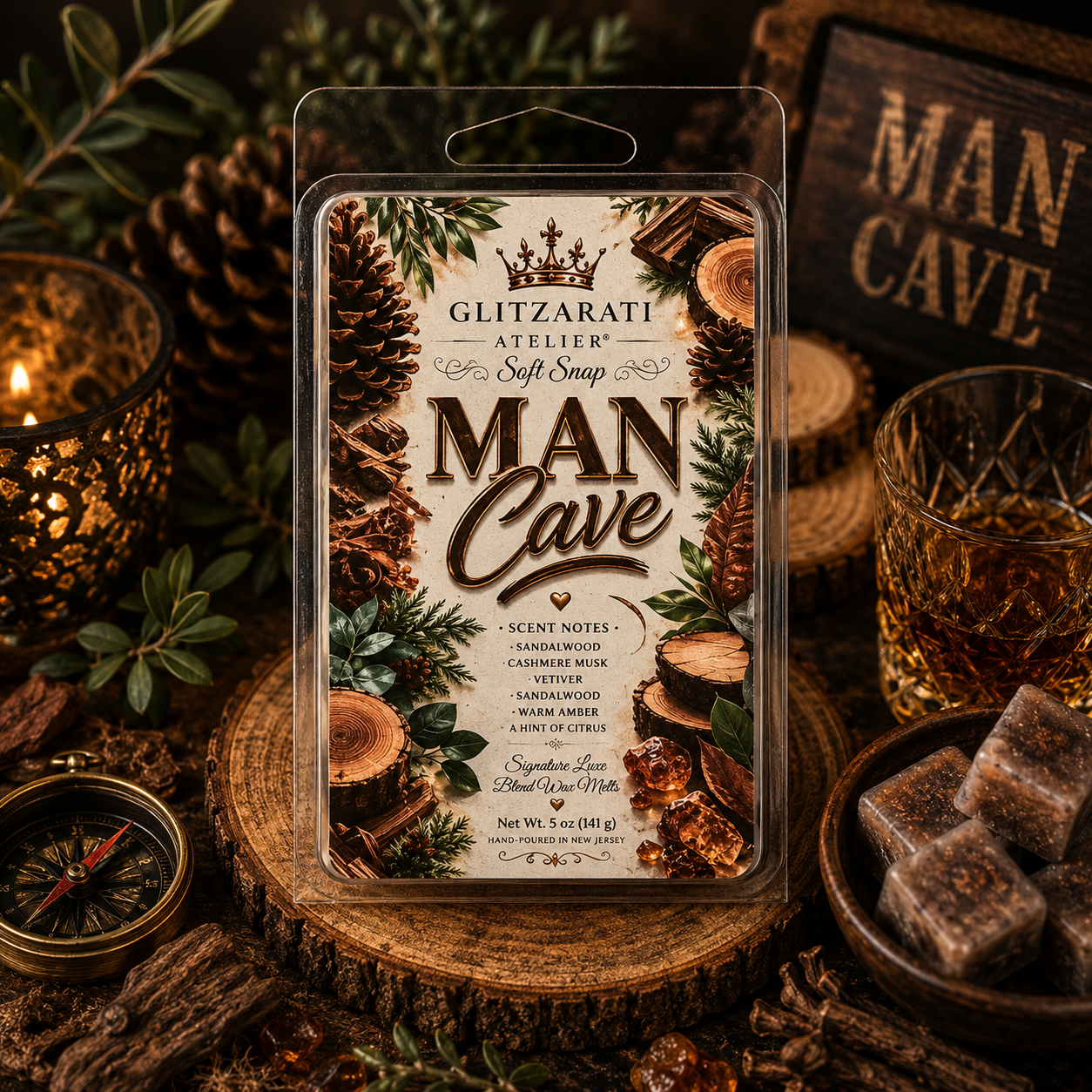 Man Cave themed product packaging surrounded by decorative items like candles and wood.