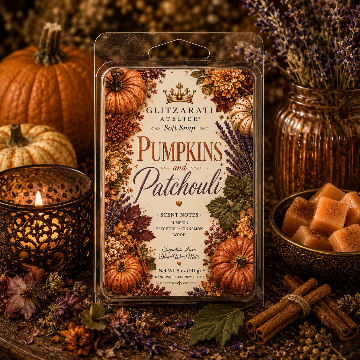 Pumpkins & Patchouli | Signature Luxe Blend Wax Melt | Pumpkin, Cinnamon & Patchouli Woods | 5 oz Clamshell | Glitzarati Atelier™
