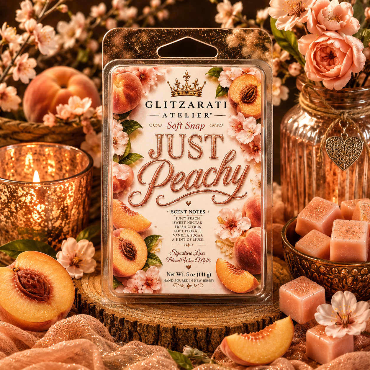 Glitzmari Atelier 'Just Peachy' scented wax melt packaging with peaches and flowers in the background