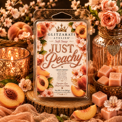 Glitzmari Atelier 'Just Peachy' scented wax melt packaging with peaches and flowers in the background