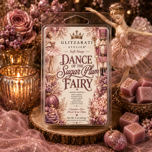 Glitzarati Atelier 'Dance of the Sugar Plum Fairy' wax melt packaging with decorative elements.