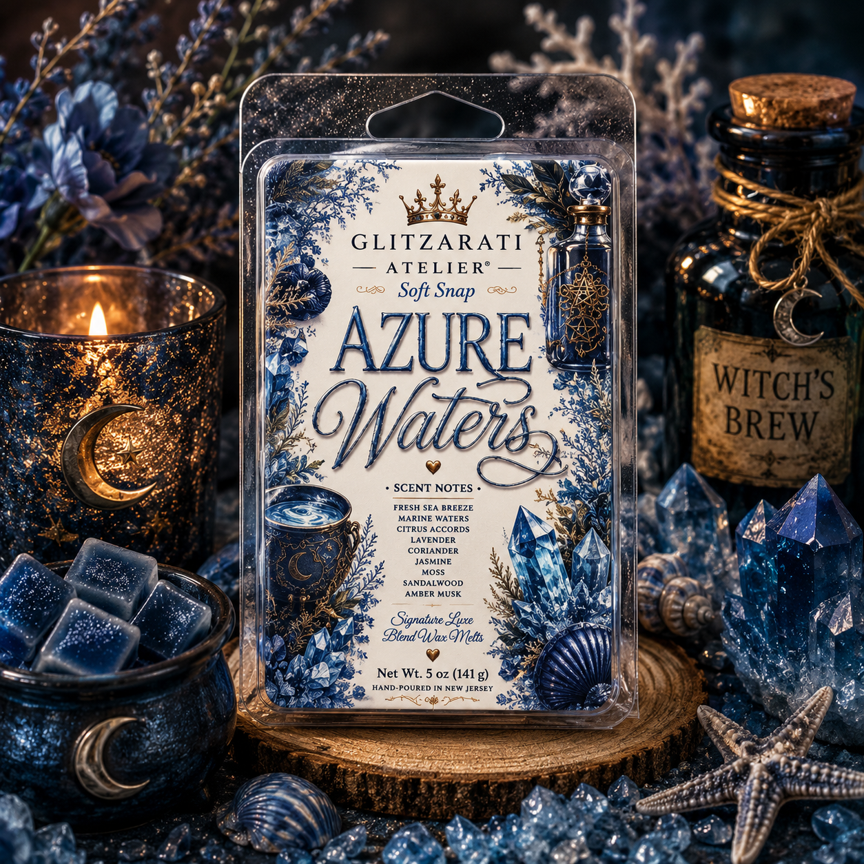 Azure Waters | Signature Luxe Blend Wax Melt | Fresh Citrus, Green Florals & Amber Musk | 5 oz Clamshell | Glitzarati Atelier™