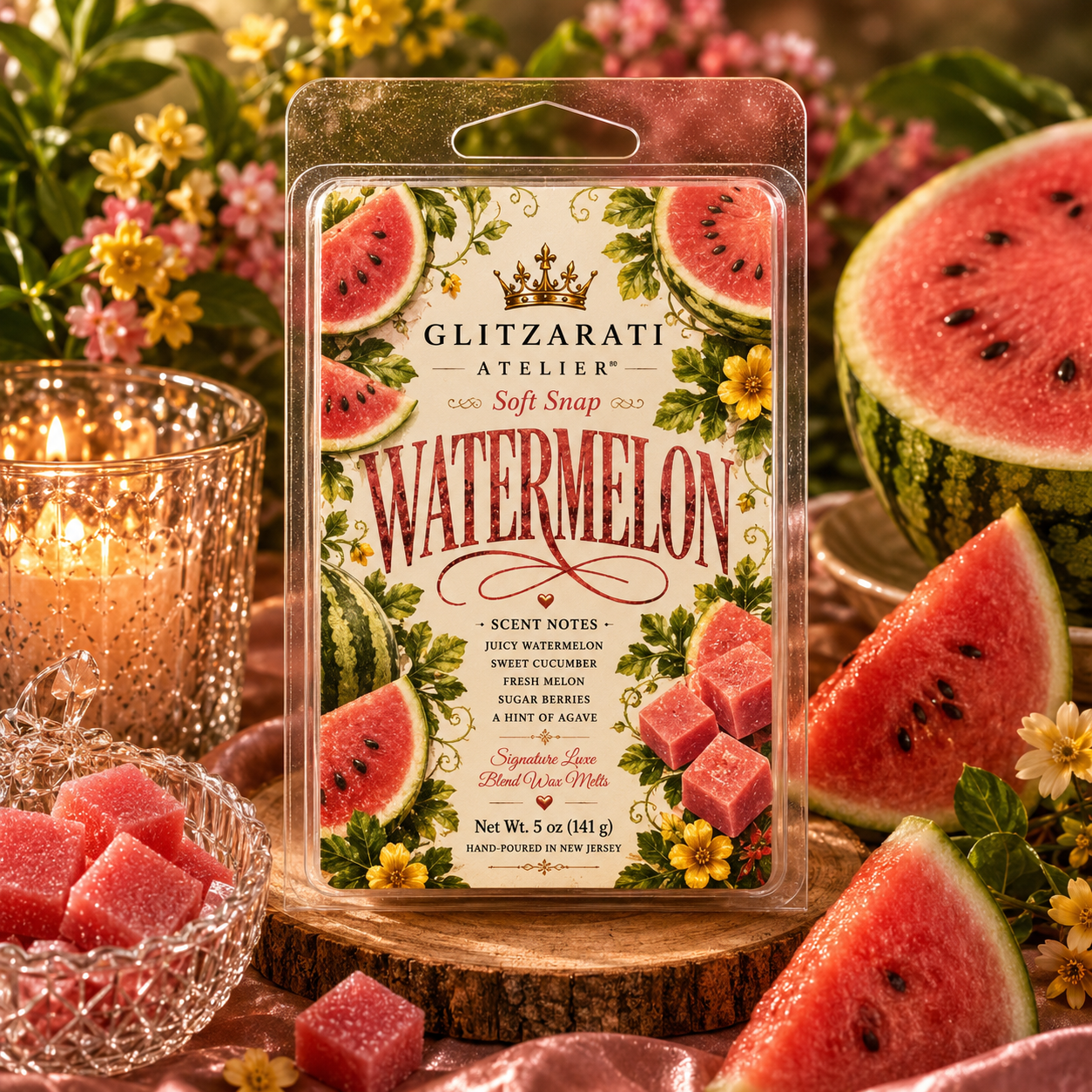 Glitzerati Atelier watermelon soft snap packaging with watermelon slices and flowers in the background