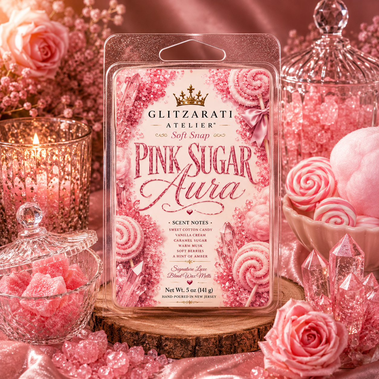 Pink Sugar Aura scented wax melt packaging with decorative pink candies and flowers.