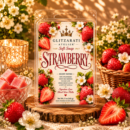 Glitzarati Atelier strawberry wax melt packaging with strawberries and flowers in the background