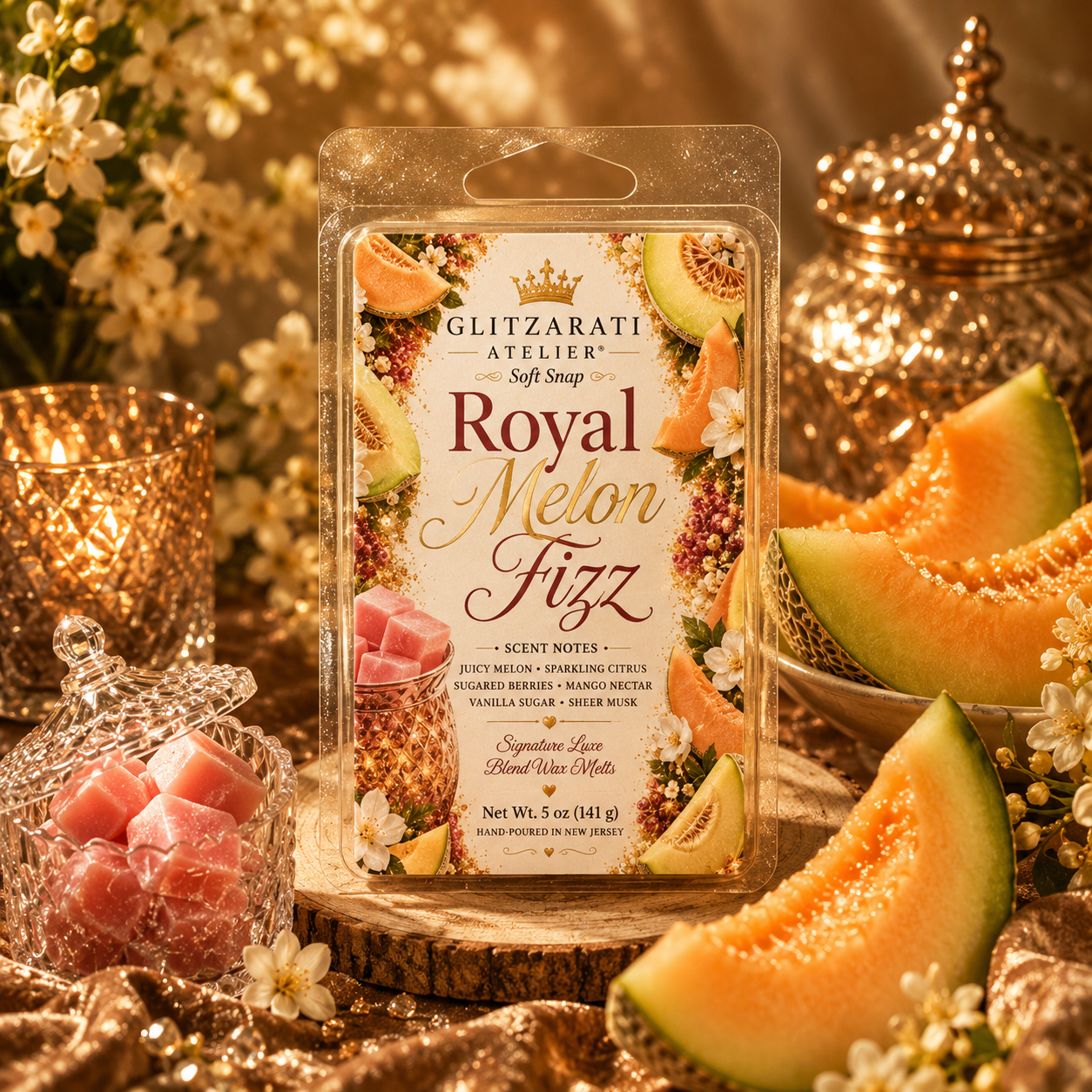 Glitzarati Atelier Royal Melon Fizz wax melt packaging with melon slices and decorative elements.