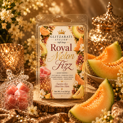 Glitzarati Atelier Royal Melon Fizz wax melt packaging with melon slices and decorative elements.