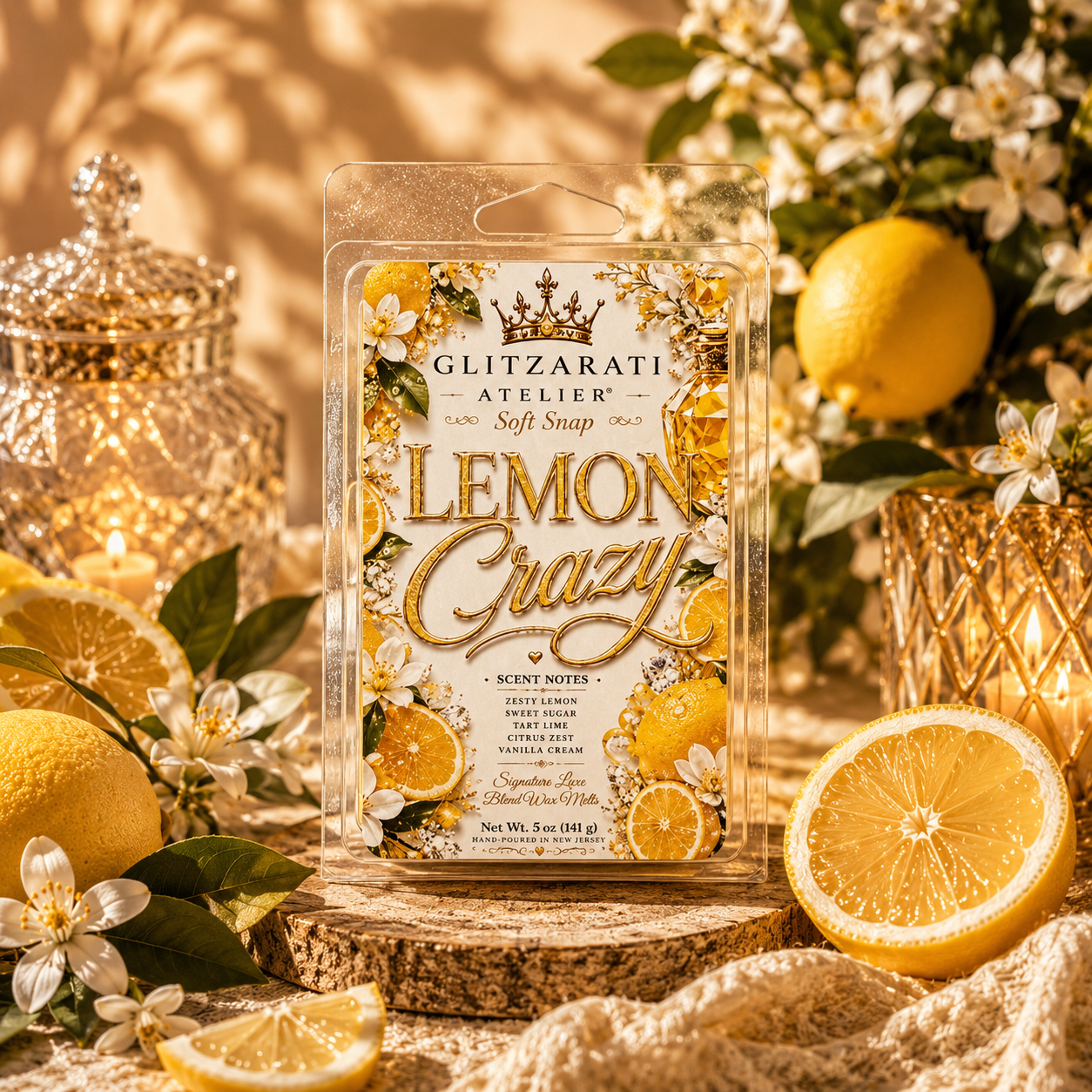 Packaged soft soap with 'Lemon Crazy' design surrounded by lemons and flowers