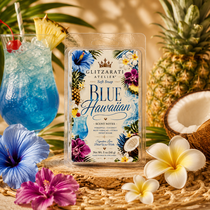 Blue Hawaiian scented wax melt packaging with tropical elements and a cocktail in the background