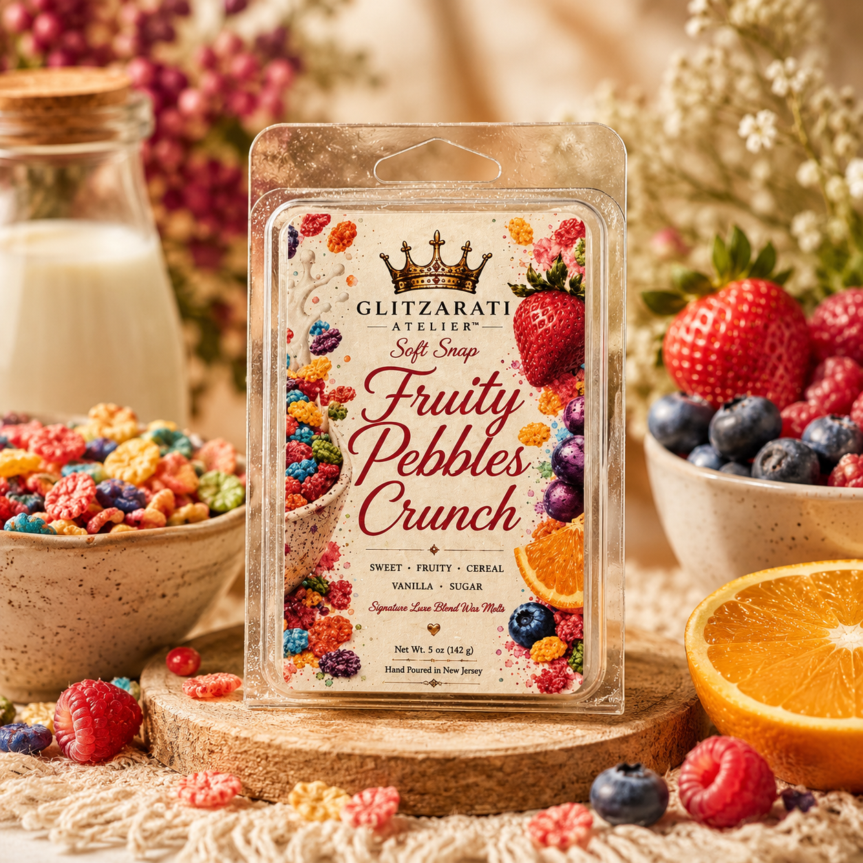 Packaged snack with fruit-themed design on a table with fruits and milk.