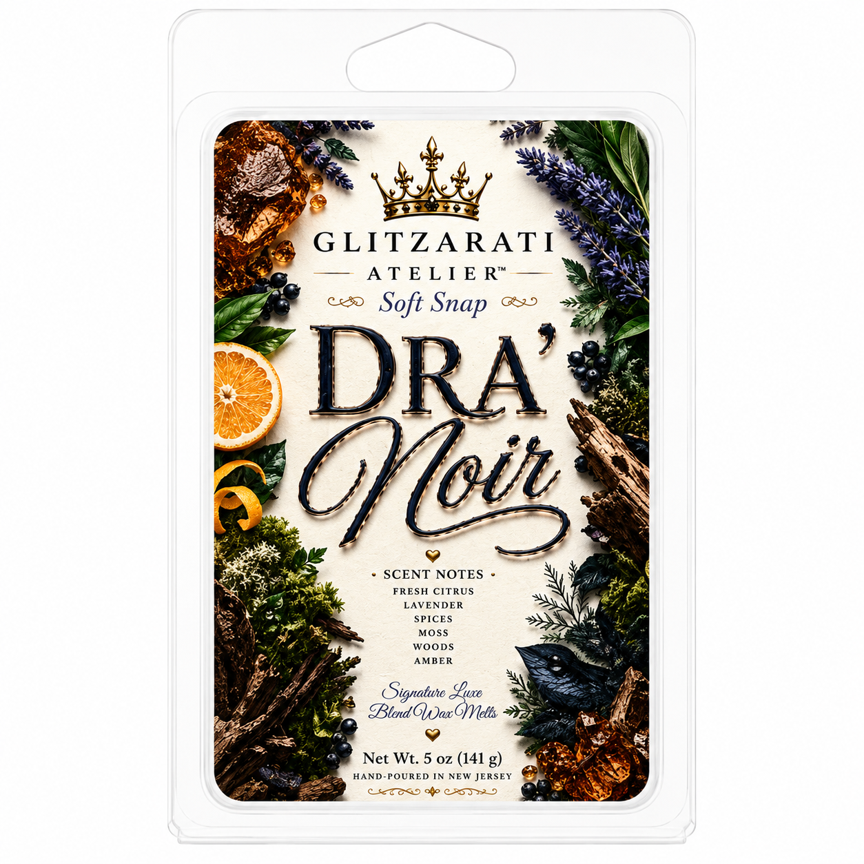 Glitzarati Atelier Dra' Noir soft snap packaging with nature-themed design