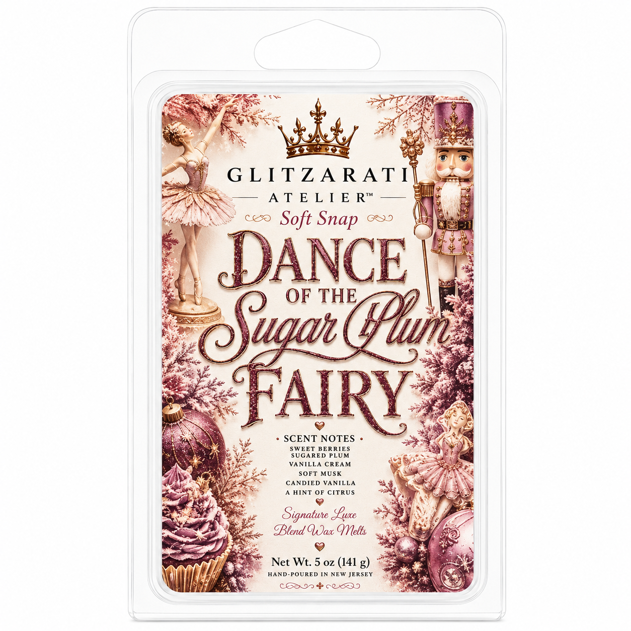 Dance of the Sugar Plum Fairy | Signature Luxe Blend Wax Melt | Plum, Black Cherry & Spiced Woods | 5 oz Clamshell | Glitzarati Atelier™