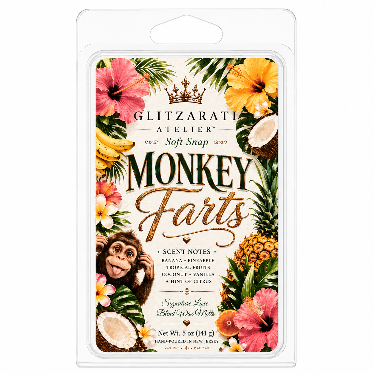 Packaged product with 'Monkey Farts' scent featuring tropical elements and branding.
