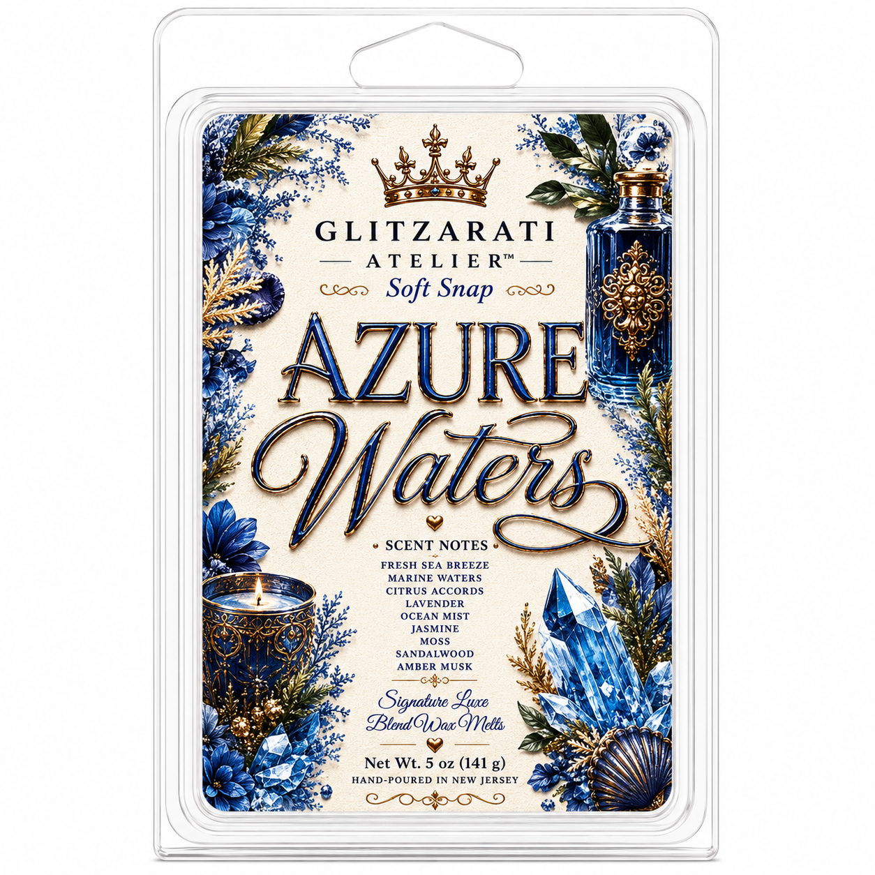 Azure Waters | Signature Luxe Blend Wax Melt | Fresh Citrus, Green Florals & Amber Musk | 5 oz Clamshell | Glitzarati Atelier™