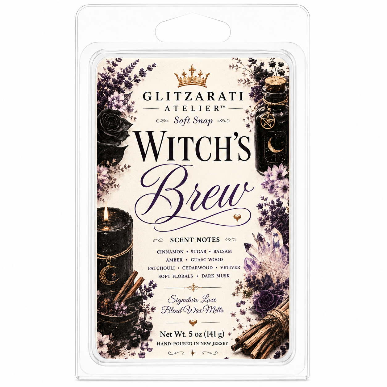 Packaged wax melt with 'Witch's Brew' scent by Glitzerati Atelier on a white background