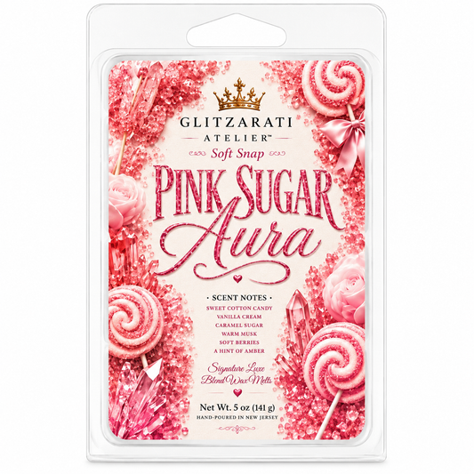 Pink Sugar Aura wax melt packaging with decorative design and 'Glitzerati Atelier' branding.