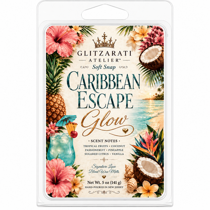 Wax melt package with 'Caribbean Escape Glow' design featuring tropical fruits and flowers.