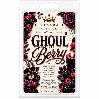 Ghoul Berry wax melt packaging with skull, berries, and roses on a white background