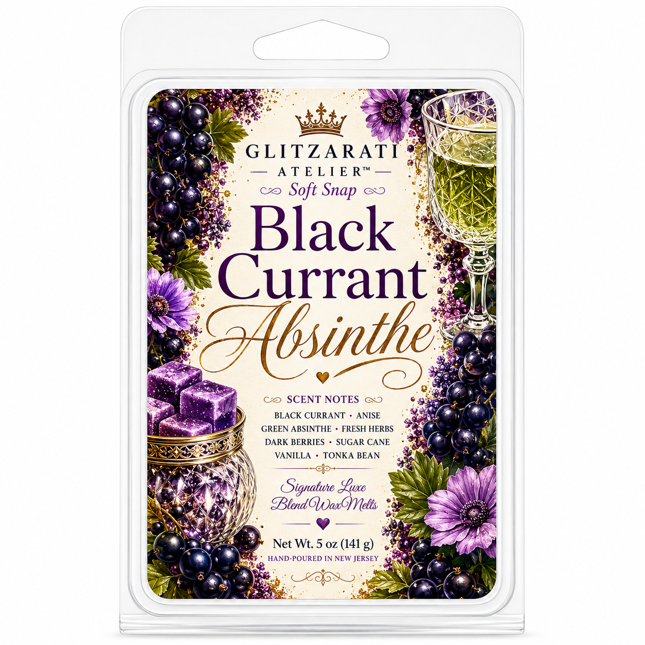 Packaging of Glitzerati Atelier Black Currant Absinthe soft snap with decorative elements and product details.