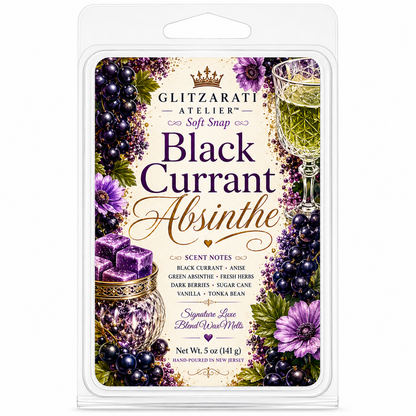 Packaging of Glitzerati Atelier Black Currant Absinthe soft snap with decorative elements and product details.
