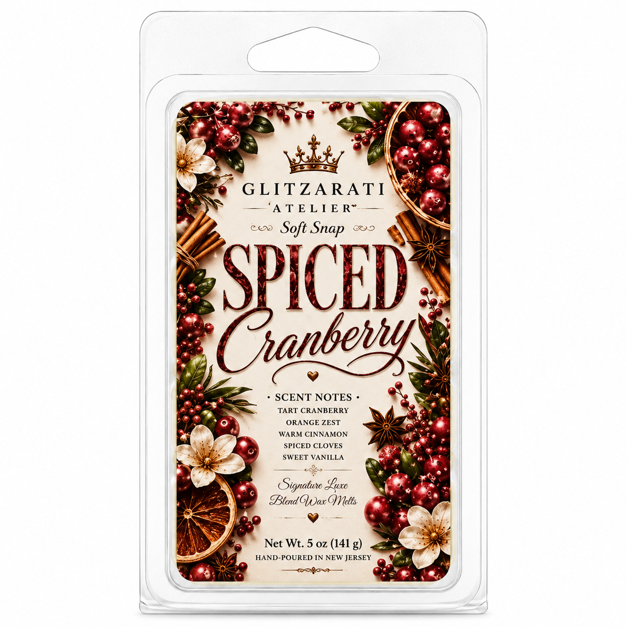 Spiced Cranberry wax melt packaging with festive design