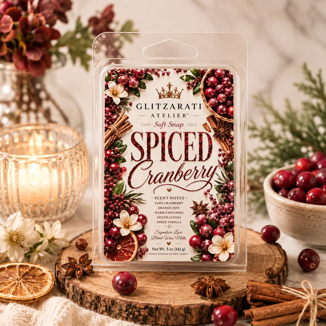 Spiced Cranberry wax melt packaging with festive elements on a wooden surface.
