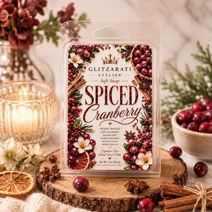 Spiced Cranberry wax melt packaging with festive elements on a wooden surface.