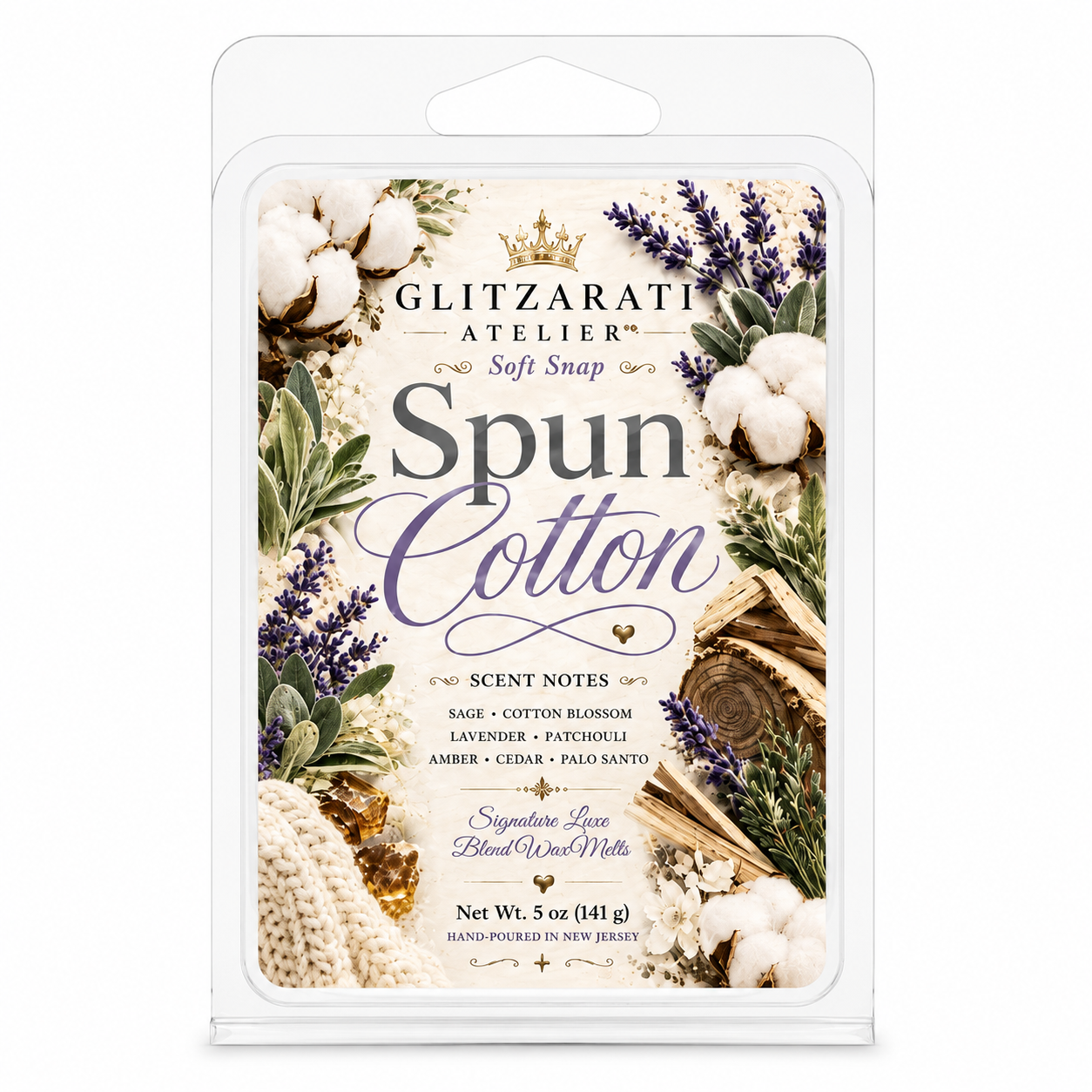 Spun Cotton | Signature Luxe Blend Wax Melt | Cotton Blossom, Rustic Sage & Warm Amber | 5 oz Clamshell | Glitzarati Atelier™