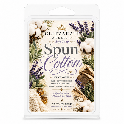 Spun Cotton | Signature Luxe Blend Wax Melt | Cotton Blossom, Rustic Sage & Warm Amber | 5 oz Clamshell | Glitzarati Atelier™