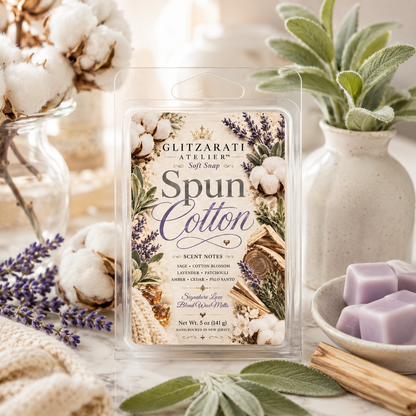 Spun Cotton | Signature Luxe Blend Wax Melt | Cotton Blossom, Rustic Sage & Warm Amber | 5 oz Clamshell | Glitzarati Atelier™