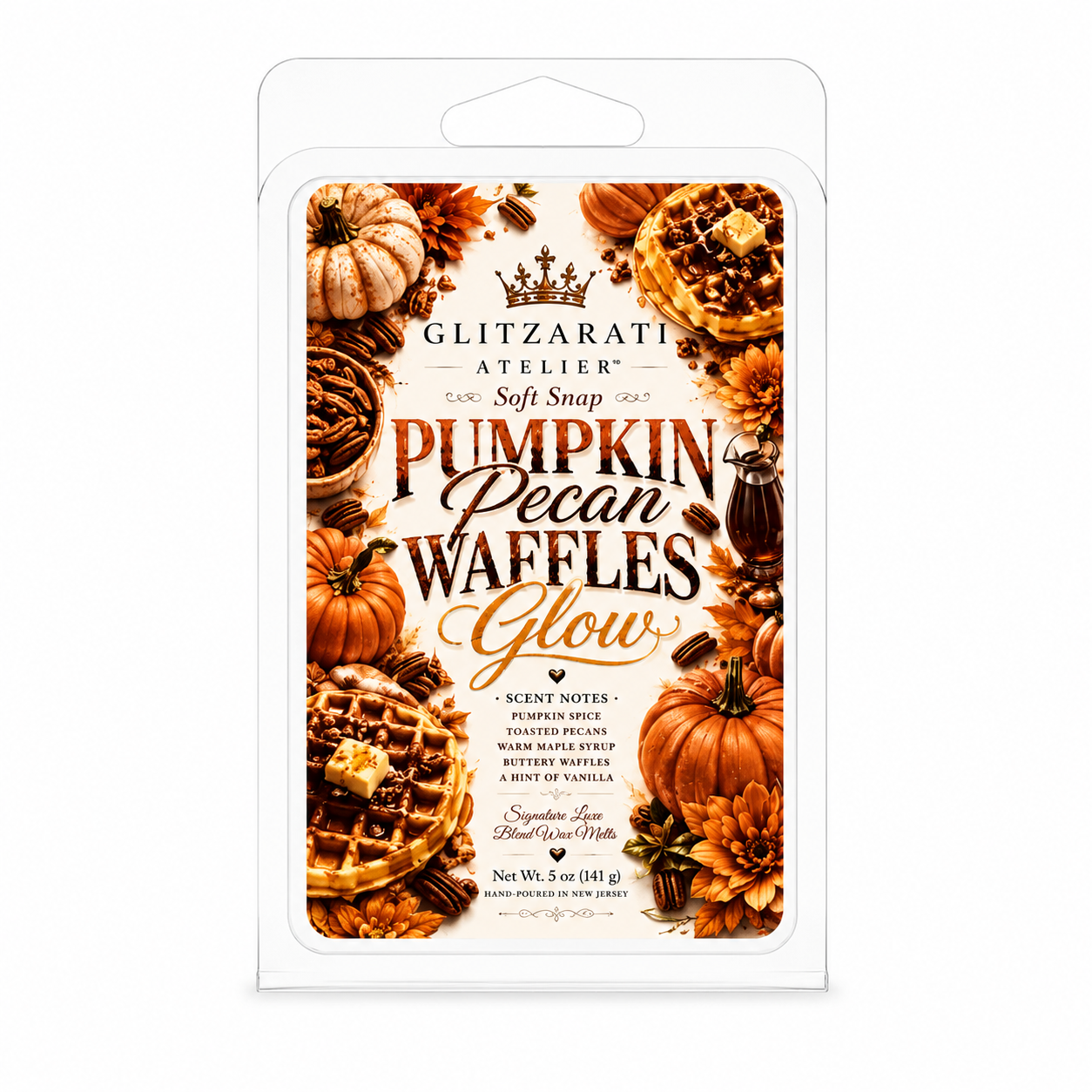 Packaged pumpkin pecan waffles wax melt with decorative elements on a white background