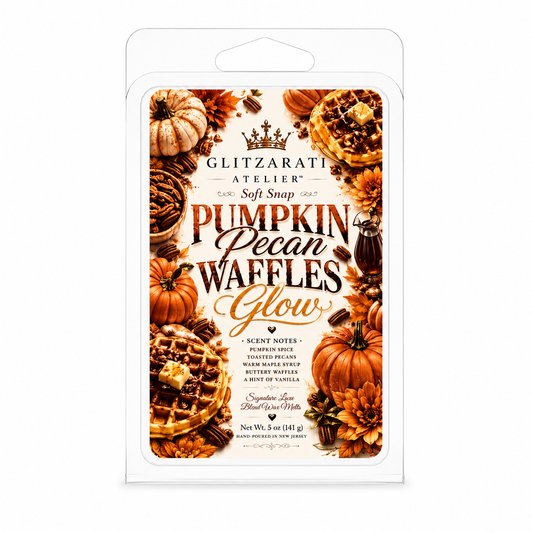 Packaged pumpkin pecan waffles wax melt with decorative elements on a white background