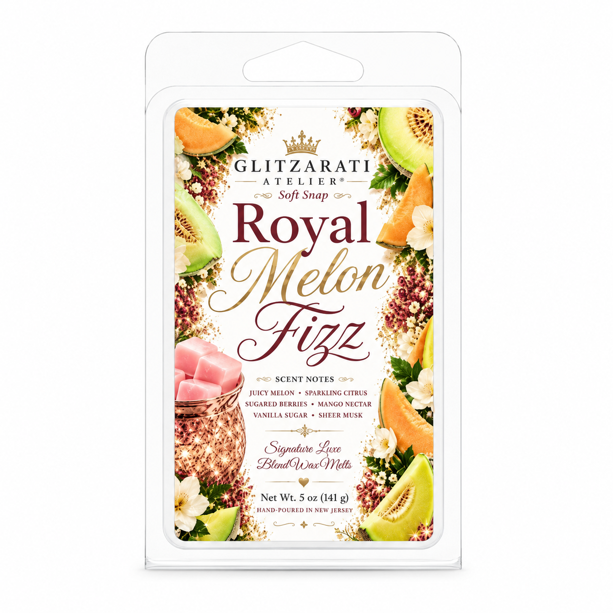Glitzarati Atelier Royal Melon Fizz scented wax melt packaging on a white background