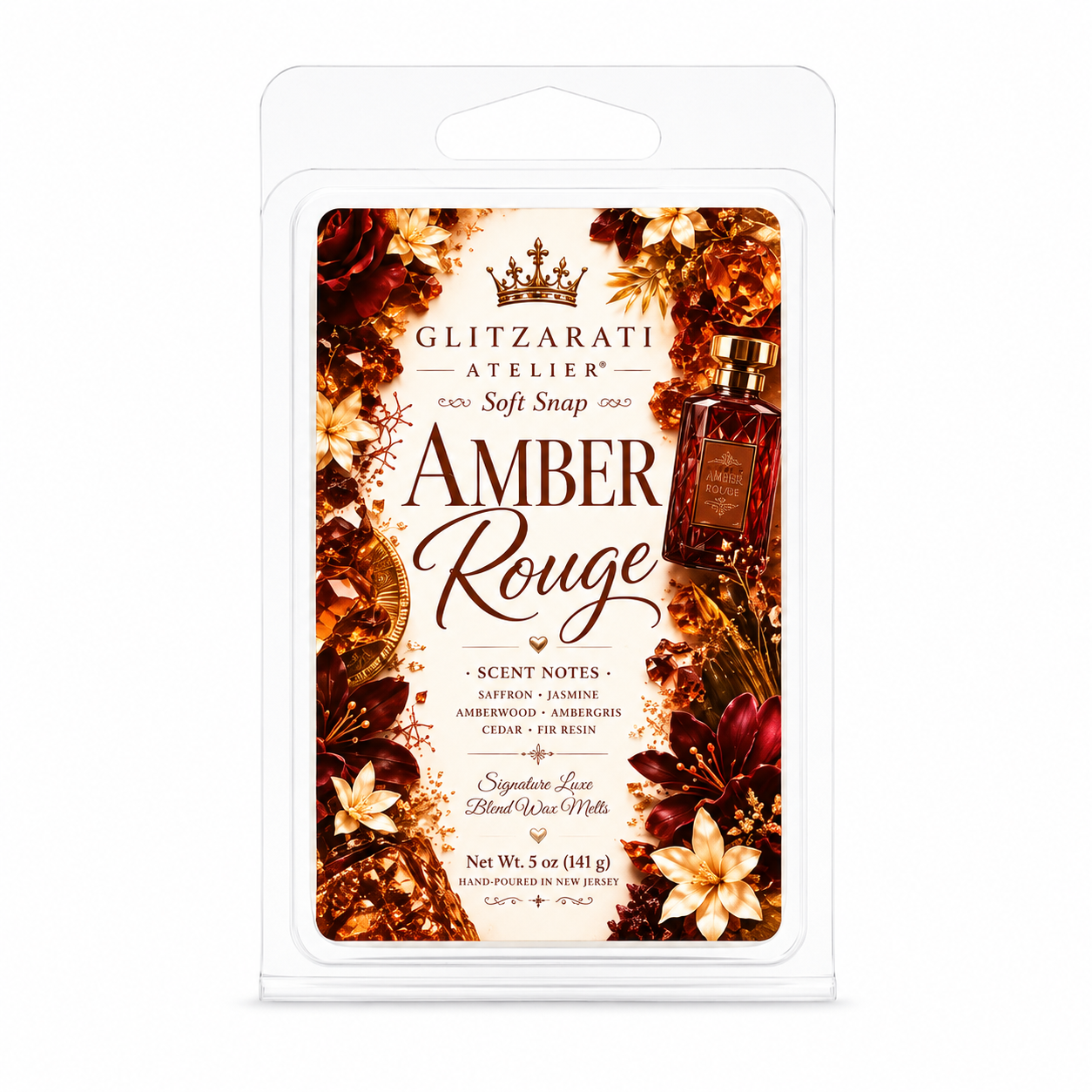 Wax melt package with 'Amber Rouge' fragrance by Glitzerati Atelier on a white background