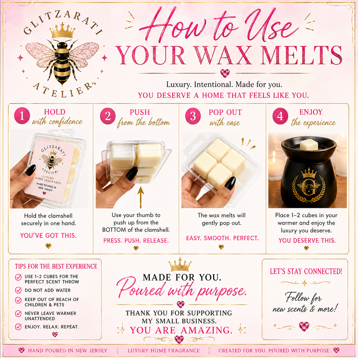 Instructions on how to use wax melts from Glitzarati Atelier with step-by-step illustrations.