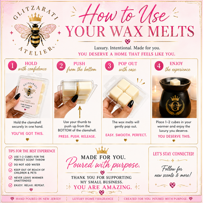 Instructions on how to use wax melts from Glitzarati Atelier with step-by-step illustrations.