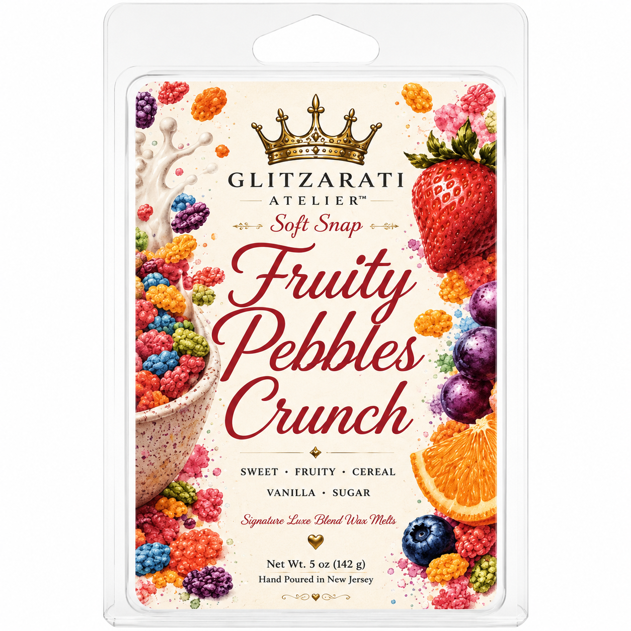 Packaging of Glitzarati Atelier Fruity Pebbles Crunch wax melts with colorful fruit illustrations.