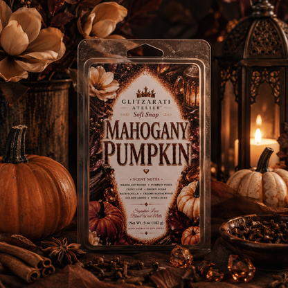 Packaged candle labeled 'Mahogany Pumpkin' surrounded by pumpkins and candles.