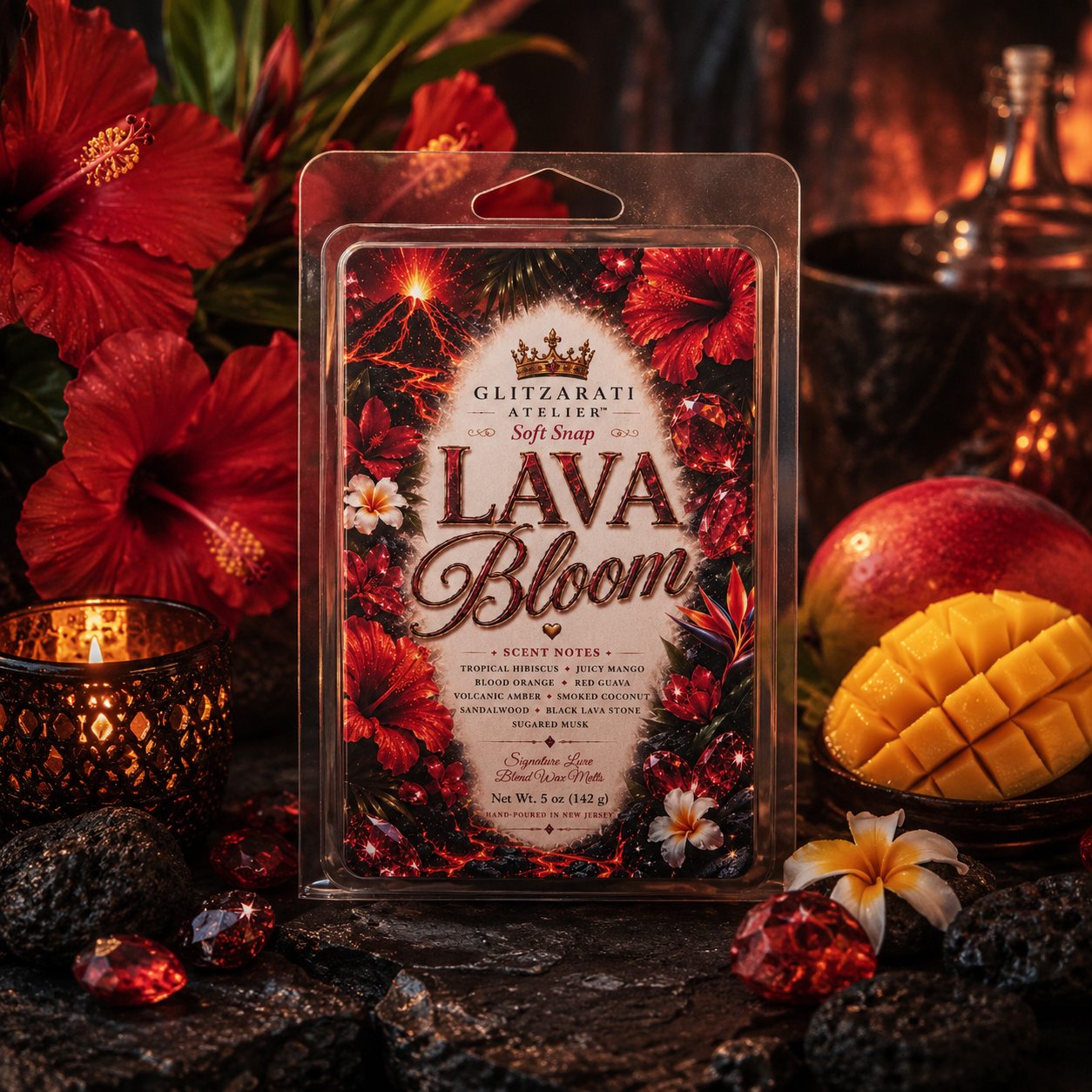 Packaged soft soap bar labeled 'Lava Bloom' with decorative elements like flowers and fruit.